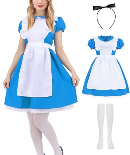 Mrsclaus Erwachsene Blau Kleid Set mit Schürze Stirnband Socken Karneval Wunder Prinzessin Kostüm für Frauen Geburtstag Faschings Cosplay Party mit Zubehör C061XL