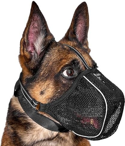 Arblina Hund Maulkorb, Weiches Netz Atmungsaktiv Maulkorb für Kleine, Mittlere, Große Hunde, Anti-Rutsch Verstellbar Maulkörbe mit DREI Riemen & Licht-Reflektierende Einfädeln, Schwarz, XXL