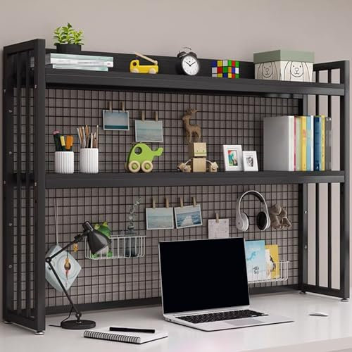 Schreibtisch-Bücherregal-Organizer mit zweilagigem Stahlrahmen und Holzbrett, stabile Tragkraft, für Büro, Heimdekoration und Küche, Aufbewahrung, schwarzes Gitter-Design