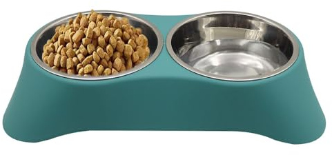 Arightmu 2-in-1 Stainless Steel Pet Bowls | Non-Slip Tilted Cat Dog Bowl with Anti-Skid Design | Double Bowl for Kittens, Puppies, Rabbits & Small Animals (Dark Green, Large)