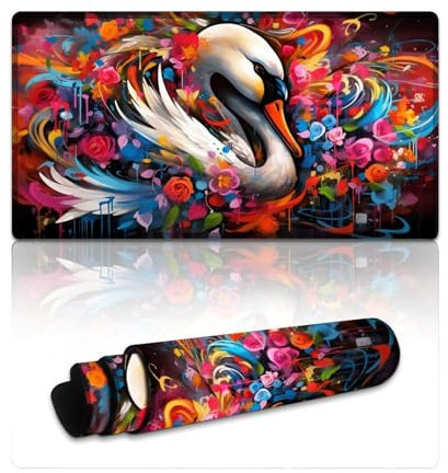 LLONGKT Schwan-Mauspad mit genähten Kanten, Mauspad (40 x 75 x 0,3 cm), Mäusepad mit Rutschfester Unterseite und genähten Kanten für Büro/Gaming