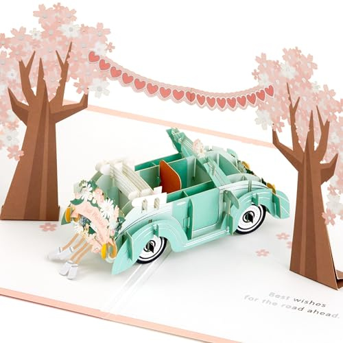 Hallmark 3D Pop Up Wedding Day Card, Bridal Car & Cherry Blossoms Design | Popped Up Card 10.8cm x 23.8cm x 17.3cm, Silver Foil Details, Signature Silver Foil Lined White Envelope, Fully Recyclable