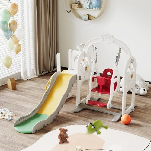 6 in 1 Kinder Rutsche mit Schaukel, Kinderrutsche mit Basketballkorb und Teleskop, Rutsche mit Leiter Schaukel Rutsche Babyrutsche Indoor Outdoor Spielplatz für Kleinkinder (Weiß, 150x150x115 cm)