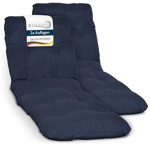 Beautissu 2X Auflage Sonnenliege Deckchair Liegenauflage 190x60 cm Flair RL – 8 cm Dickes Polster für Sonnenliege Liegestuhl Auflage für Gartenmöbel Dunkelblau