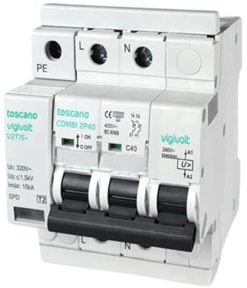 Rasmacor | Tóscano Protector Sobretensiones Transitorias y Permanentes 2P 40A COMBI-2P40T15 Toscano | No instalar en líneas sin Neutro 240V | IGA 10kA | Imax 15kA | Montaje en Rail DIN