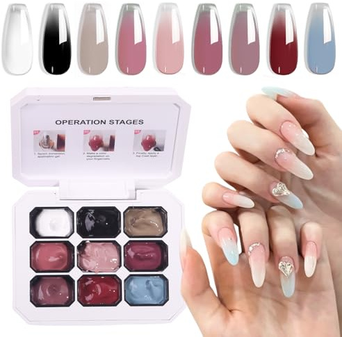 Gradient Painting Gel - 9 Colors Ombre Gel Nail Polish Kit With White Black Brown Pink Red Blue - Ombre Nails Gradient Gel Long Lasting - No Wipe Uv Palette For French Pigment Pat Aura Nails Art DIY