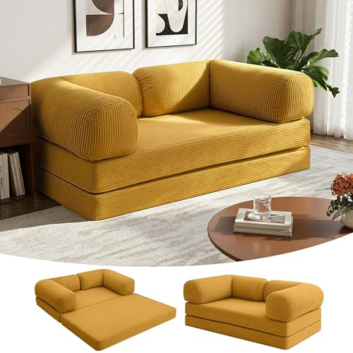 MeMoreCool 4-in-1 Boneless Couch, Umwandelbares Schlafsofa mit Armlehnen, Faltbare Matratze und Schlafsessel, Bequemes Schlafcouch für Wohnzimmer und Schlafzimmer als Lounge oder Gästebett, Gelb