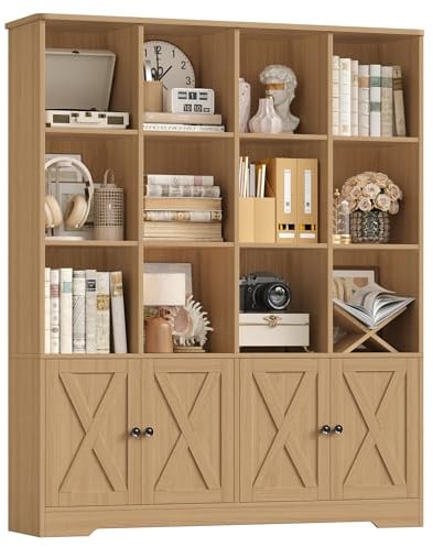 FirFurd Bücherregal mit Türen, Bücherschrank mit 12 Fächern，Eiche | Bücherschrank mit Türen Bücherregal Kinder Wohnzimmerschrank Hochschrank für Büro, Arbeitszimmer, Jugendzimmer 144x29x121cm