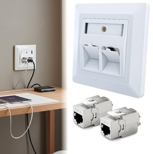 Enchufe de red CAT 7 de 2 puertos, empotrable, con 2 módulos CAT 7 RJ45, Ethernet LAN, conector para montaje en pared, color blanco, enchufe de red CAT 7, enchufe de red CAT 8