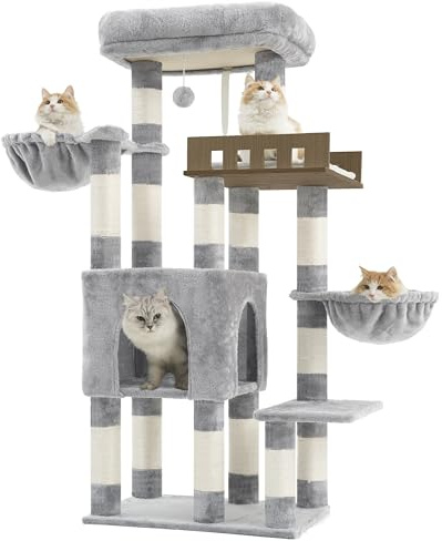 Gitelsnour Kratzbaum stabil mit großer Holzplattform, Katzenhöhle, GCT023W | Katzenbaum für große Katzen 135 cm, für den Innenbereich mit Schutzplattformen, 14 Sisal-Kratzsäulen, Hängematte, Hellgrau