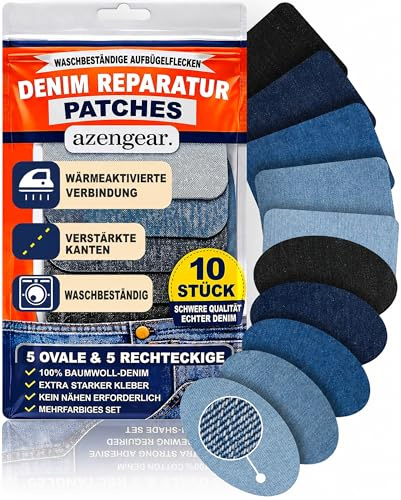 Iron-On Denim Repair Patches for Jeans (10 Pack) - 100% Cotton Heavy Duty, Wash-Proof, Extra Strong Adhesive, Blue & Black Shades, Ideal for Knees, Thighs, Elbows, Pockets