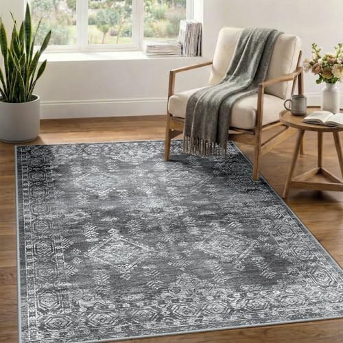 DEFYNEE Waschbar Teppich Wohnzimmer 90x150 cm, Teppiche Schlafzimmer, Grau | Vintage Wohnzimmerteppich, Waschbarer, OEKO, Retro, Rutschfest Kurzflor Weich für Schlafzimmer, Esszimmer, Küche, Büro