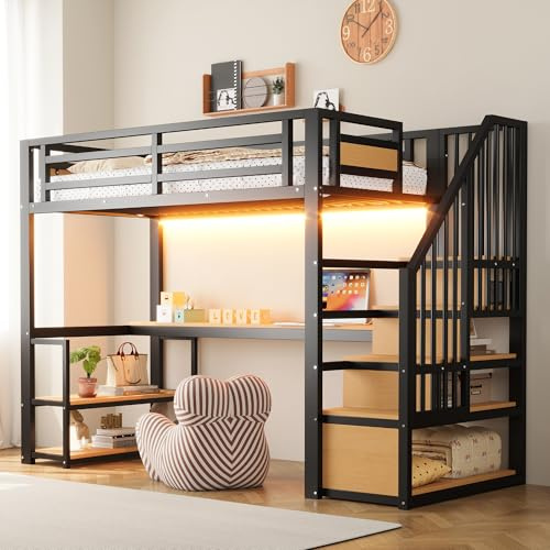 Lit mezzanine, 90 x 200 cm, noir, avec étagères de bureau, étagères, lit en métal, escalier de rangement, rampe de sécurité, lit loft, lit simple (sans matelas)