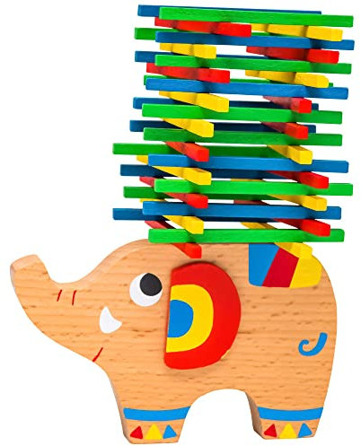 Natureich Elefant Montessori Stapel Spielzeug Holz zum Geschicklichkeit Lernen mit Stäbchen Bunt ab 4 Jahre für Motorik Entwicklung in Bunt