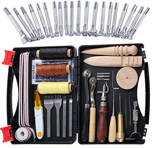 50 Stücke Leder Werkzeuge und Zubehör Set, Leder DIY Set, Leder Werkzeug Set mit Aufbewahrungsbox, Leder Groover Leder Stempel Perfekt für Leder Handwerk Nähen Schneiden DIY