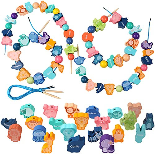 yeestone Fädelspiel, 32 Stück Perlen Fädelspiel mit Tier Holzperlen, Fädelspiel aus Holz, Montessori Spielzeug, Fädelspiel Spielzeug Kordelspielzeug für 1-4 Jahre Mädchen und Jungen Geschenke