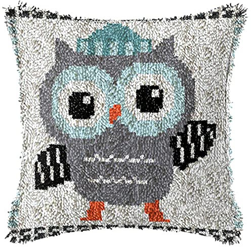 XUJINGJIE Knüpfteppich Knüpfkissen für Kinder Erwachsene Wurfkissenbezug Teppich Making Kit mit Eule Vorgedrucktes Muster DIY Stickerei Kreuzstich Set Ür Sofa Home Decor, 43X43cm,B