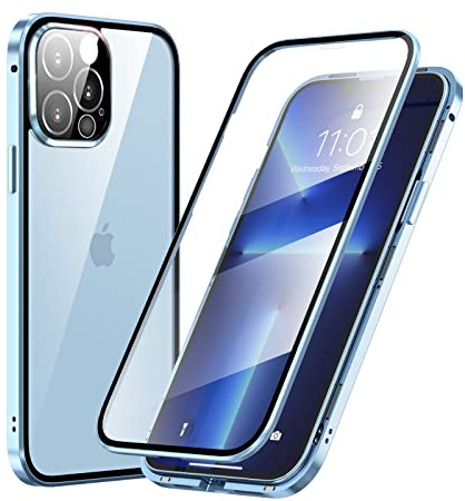 MIMGOAL Case for iPhone 13 Pro, Magnetic Metal Bumper 360 Degree Full Body Protective Case with Front and Back Transparent Tempered Glass Crystal Clear Cover for iPhone 13 Pro 6.1, Blue