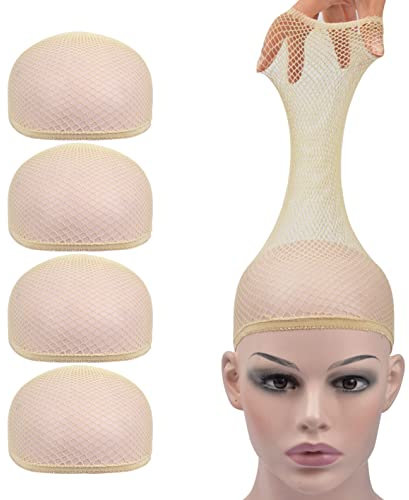 4 Stück Perückenstrümpfkappen Perücke Ort zu Halten Dünne und Atmungsaktive Unsichtbare Nylon-Perückenkappe für Spitzenperücken (Mesh Perücke Cap, Beige)