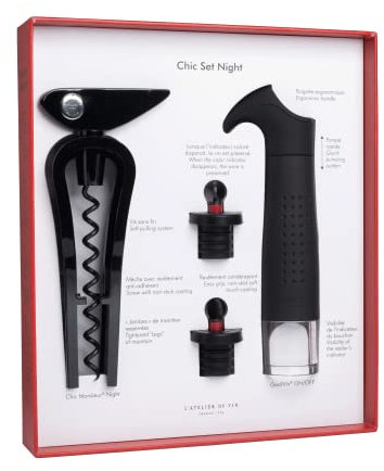 L'Atelier du Vin - Chic Set Night - Sommelier-Box, Geschenkbox - Korkenzieher Chic Monsieur Night - Vakuumpumpe für Wein Gard'vin ON/OFF