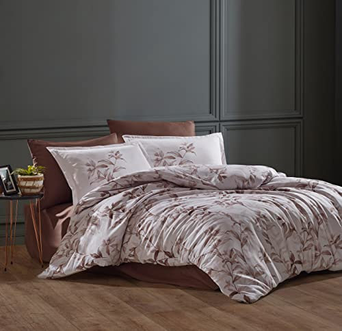 ZIRVEHOME Satin Bettwäsche-Set 240x220 cm. 5 teilig, beige- braun Blatt Gemustert, 100% Baumwollsatin Bettgarnitur mit extra 50x70 cm Kissenbezug, Mass V1