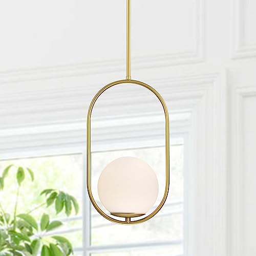 Alighting Gold Pendant Light with 15cm Frosted Glass Shade | Globe Pendant Lights Mid Century Modern Glass Pendant Light for Kitchen Island, Dining Room, E14