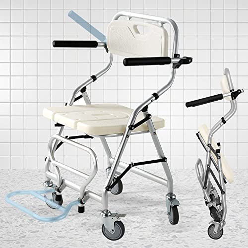 VFDZ Sedile per Doccia Anziani con Ruote, Sedia da Doccia per Disabili Pieghevole, Sedia da Bagno per Disabili con Schienale e Braccioli Installazione Senza Attrezzi, Carico 120 kg (A)