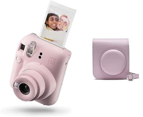 Instax Mini 12 Cámara instantánea, con autoexposición y Lente selfi incluida, Blossom Pink & Funda para Cámara Mini 12, Color Blossom Pink, Medida Única