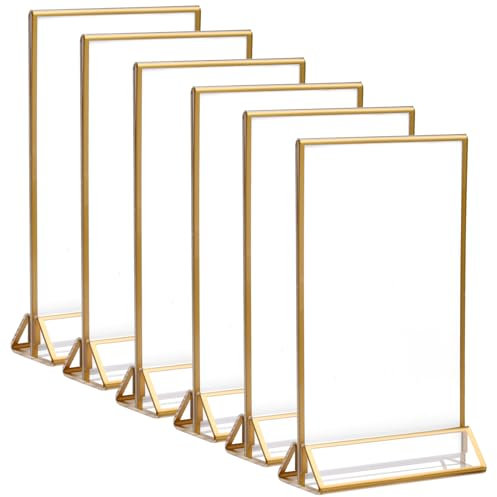 Natuce 6 Stück Acryl Tischkartenhalter Gold, Menüständer, Transparente Bilderrahmen mit Golden Rändern und Vertikaler Ständer, Aufsteller Werbeaufsteller, für Hochzeit Tischnummern, Foto, 18x10,7cm
