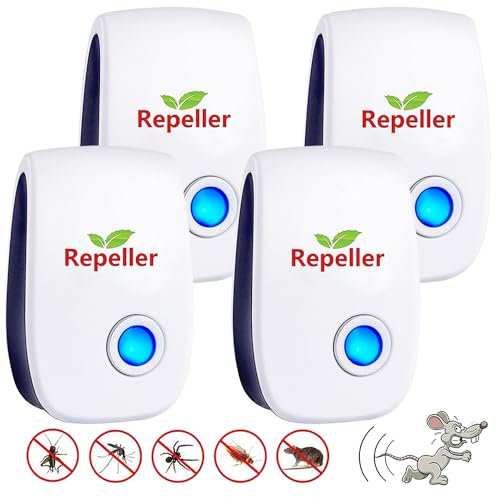 Ultrasuoni per Topi,Repellente Ultrasuoni Anti Zanzare Ultrasuoni Interno Dispositivo Anti Topi, Insetti, Zanzare, Scarafaggi, Ratti, Formiche, Ragni 4 Pack