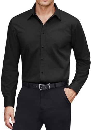 J.VER Mens Black Dress Shirt Long Sleeve Stain Shield Business Casual Button Down Shirt Stretch Wrinkle Free Work Shirts for Daily Office Funeral-M