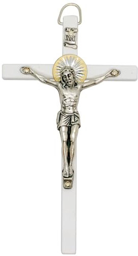 VILLAGE GIFT IMPORTERS Weißes Kruzifix-Wandkreuz mit silberfarbenem Korpus und strahlendem Design, hergestellt in Italien, 14 cm