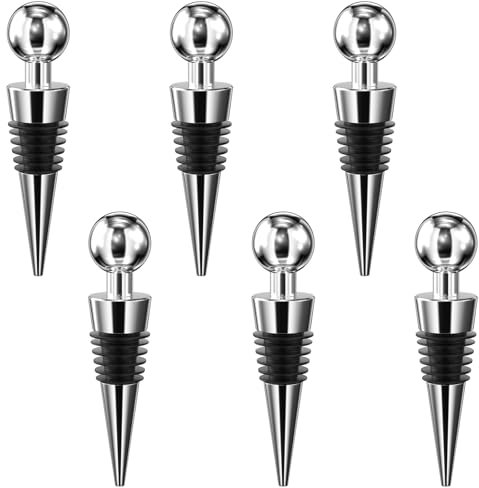 Lectorias Set de 6 Tapon Botella Vino, Tapones para Botellas Reutilizables, Tapón de Vacío Sellado Hermético para la Colección de Vinos Vino, Champán, Botellas de Vidrio (Plástico Plateado)