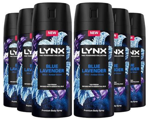 Lynx Fine Fragrance Collection 72 Hour Fresh, Odour and Sweat Protection Premium Deodorant Body Spray Infused with Essential Oil for Men 150 ml, 6 Pack (Blue Lavender)