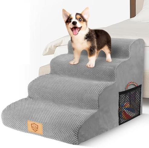 MASTERTOP Scale per Cani a 4 Gradini in Spugna ad Alta Densità, Scala Antiscivolo per Animali Domestici, Scaletta Spugna Ccuccioli per Divano Letto con Fodera Rimovibile (Grigio)