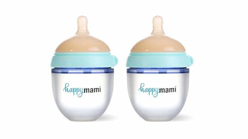 HappyMami, Set de 2 Biberones Personalizables 150ml, Color Turquesa, Tetina de Silicona Grado Médico, Doble Sistema Anticólicos, Apto para Lavavajillas, Calientabiberones, Para todo tipo de Lactancia