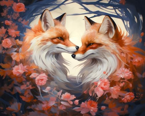 TISHIRON DIY Paint by Numbers for Adults Beginner Fantasy Style Fox Being Love Oil Painting,Animals Paint by Numbers Kits, for Home Wall Decor 16x20 inch (Without Frame)