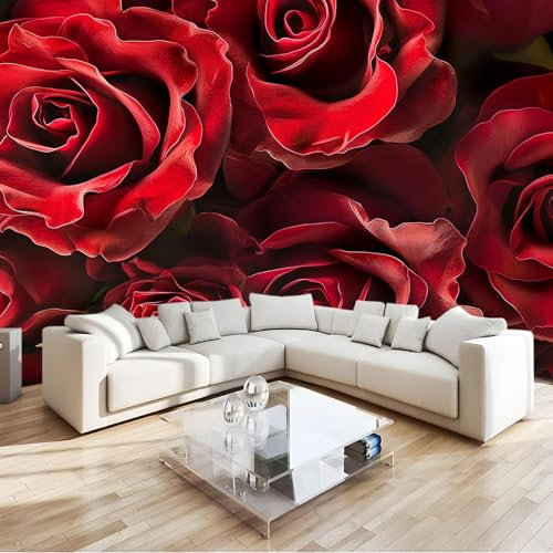 Flores Fotomural Rosa roja Fotomural Pared, 250x175 cm Papel Pintado 3D, Fotomurales Decoración de Comedores Moderna Lana Sala Cuarto Salón