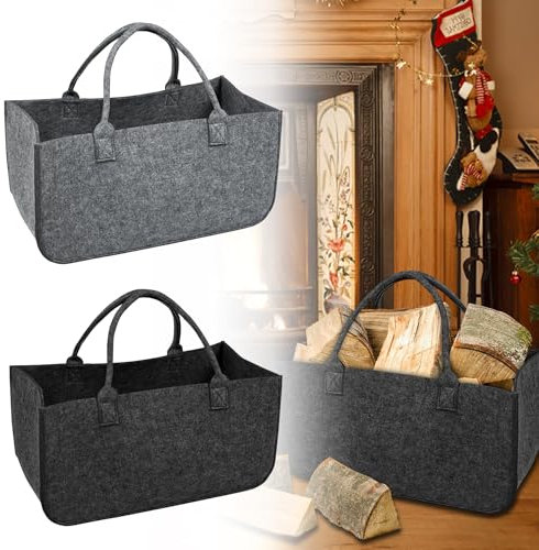 MAYTIIMO 4 Stück Faltbar Kaminholztasche aus Filz Einkaufstasche Filztasche für Kaminholz 50 x 25x 25 cm Multifunktionale Aufbewahrungstasche Brennholzkorb Kaminholzkorb für Brennholz, Hellgrau