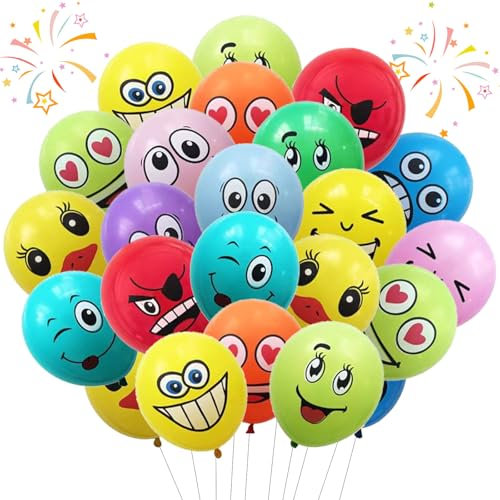 SPOKKI 120 Stück Emotion Serie Latex Luftballons 12 Zoll Smiley, Smiley Latex Luftballons für Kinder Geburtstag, Deko Jungen Mädchen Baby Shower