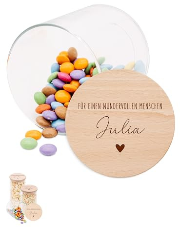 wunderwunsch Personalisiertes Glas mit Deckel, Vorratsglas in 3 Größen | Gravur Bonbonglas, Holzdeckel Danke, Dankeschön Spruch, Kunterbunte Zeit, Dankbarkeit, Keksdose, Erinnerungsglas, Keksglas