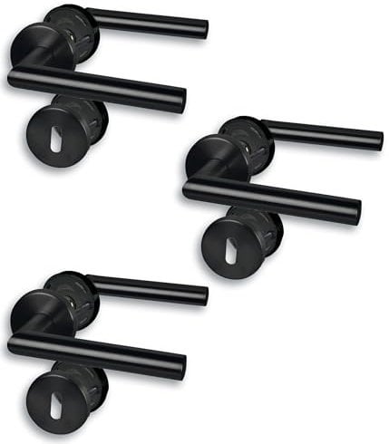 Garniture de porte à rosace I Lot de 3 ferrures de porte en acier inoxydable noir pour 3 portes de chambre avec trou de serrure à garniture, cliprosette Ø 52 mm, poignée de porte, poignée de porte