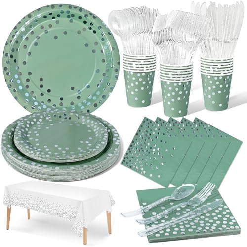 Nkaiso Paper Plates Napkins Cups Set, 141 Pieces Grass Green and Silver Kids Birthday Party Tableware Reusable Party Supplies Set Includes Paper Plates Napkins Reusable Cutlery -20 Guests