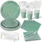 Nkaiso Paper Plates Napkins Cups Set, 141 Pieces Grass Green and Silver Kids Birthday Party Tableware Reusable Party Supplies Set Includes Paper Plates Napkins Reusable Cutlery -20 Guests