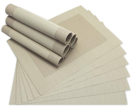 Moderne Tischsets in Beige im 12er Set - Abwaschbare Platzsets als rechteckige Tischuntersetzer - Gewebtes Platzdeckchen als Tischunterlage für Esstisch Wohnzimmer Tisch-Deko
