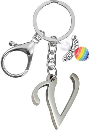 Schlüsselanhänger, Metall Schutzengel Schlüsselanhänger with A-Z Buchstaben,Geschenk Schutzengel Glücksbringer - Süßer Engel mit Herz als Geschenkidee für Freundin (V)