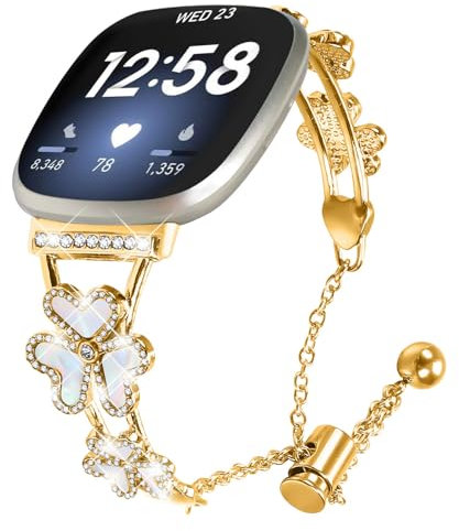 MVRYCE Uhrenarmband für Versa 4, Bling Strass Ersatz Uhrenarmband Frauen Edelstahl Zubehör Armband Kompatibel für Sense/Versa 3 / Sense 2 / Versa 4 (Gold)