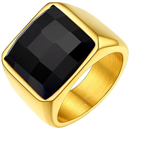 FindChic 15MM schwarzer Stein Bandring Gothic Biker Ring Männer Siegelring Retro Ring aus 316 Edelstahl, Geschenk für Verlobung Valentinstag, Gold, Größe 60