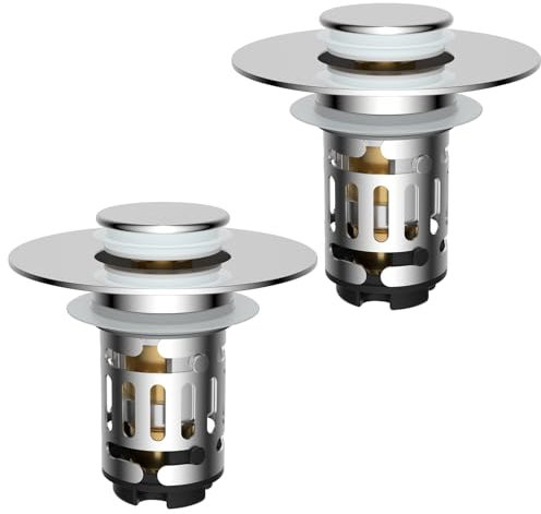 Hibbent Verbesserter 3-in-1 Waschbeckenstöpsel, Pop-Up Abflusssieb Stöpsel mit abnehmbarem Edelstahl-Filterkorb Haarfänger, Abflussstopfen für 25-46mm Beckenloch, Messing-Bullet-Kern, Chrom-2PC