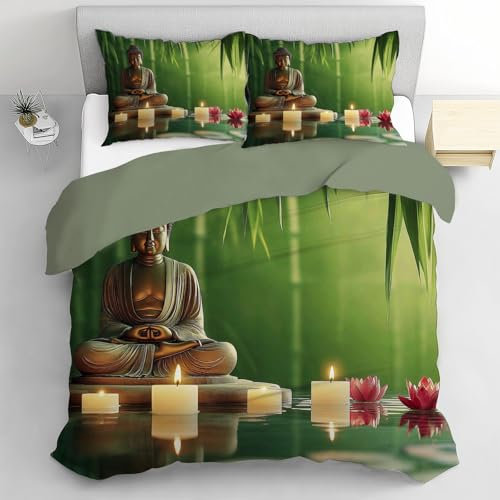 NAWVNMI Bettwäsche Zen Bettbezug 200x200cm Mikrofaser 3-Teiliges Set, Weich Und Bequem, Pflegeleicht,Buddha-Kerzen, Mit Verdecktem Reißverschluss Und Kissenbezug